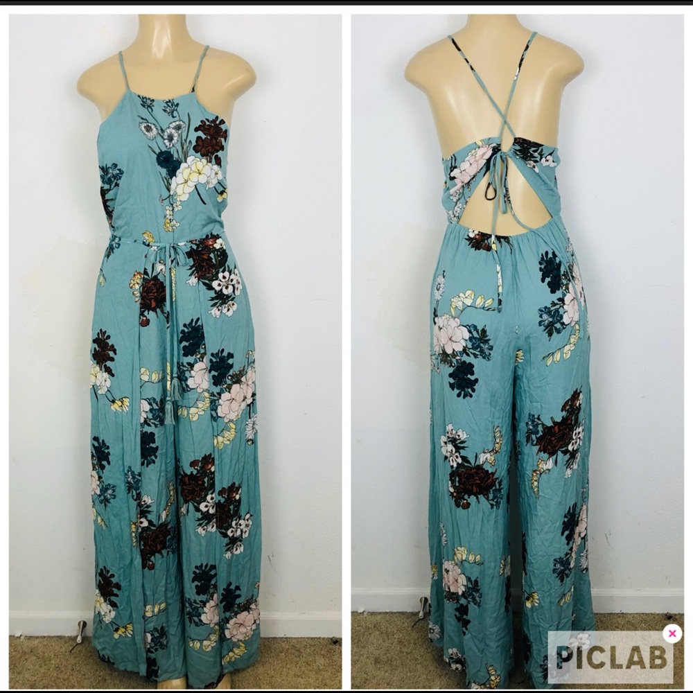 Paper Crane blue floral print wrapped wide leg back cut out jumpsuit size M